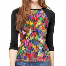 Womens Blouse 3 4 Sleeve Origami Paper Cranes Print T Shirt