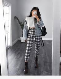 Aesthetic Black And White Plaid Pants Outfit Plaid Pants Denim Jacket Fashion Winter Fashion Outfits Cute Casual Outfits