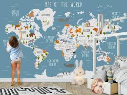 World Map Wall Mural Children Map With Animal Map Wallpaper Etsy Kids Bedroom Wall Decor Map Wall Mural Kids World Map