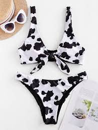 Zaful Cow Print Tied Plunging Bikini Swimsuit Black Ad Print Tied Zaful Cow Swim Print Bikini Swimwear Bikini Swimsuits Cow Print Bikini Swimwear
