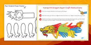 The azure dragon of the east represents spring with its time of day being dawn, the vermilion bird of the south represents summer and midday, the white tiger of the west represents autumn therefore dusk, and lastly the black tortoise of the north represents winter with its respective time of day being midnight. Chinese New Year Handprint Paper Dragon Craft