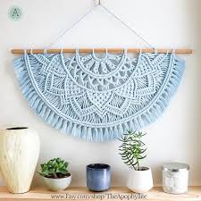 Macrame Wall Hanging Pale Blue Cotton Half Mandala Design On Oak Wood Dowel Macrame Mandala Tapestry Baby Blue Nursery Or Bedroom Art Macrame Design Wall Hanging Designs Macrame Wall Hanging Diy