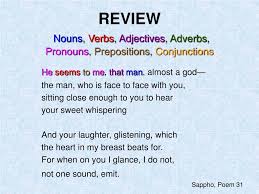 Students must read the sentences carefully, as the same words are repeated with changing usage. Ppt Review Nouns Verbs Adjectives Adverbs Pronouns Prepositions Conjunctions Powerpoint Presentation Id 3851087