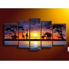 Glow in the dark african art sunset africa giraffe lion silhouette orange sun safari silhouette of trees black. African Landscape Evening Red Five Part Mural As Real Oil Painting