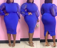 Buy Uni Clau Women Sexy Plus Size Dresses Mesh Bubble Sleeve Zipper Back  Fitted Waist Bodycon Pencil Fall Midi Dress, Blue, 3X-Large at Amazon.in