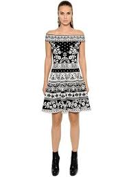 Alexander Mcqueen Off The Shoulder Flared Jacquard Dress Black White Modesens White Jacquard Dress Jacquard Dress Dresses