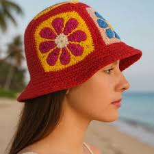 Handmade Crochet Bucket Hat, Red Black Crochet Hat, Spring Summer Crochet  Hat