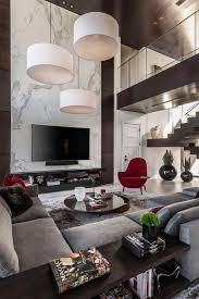 Black And White Modern House Interior Black White Grey More Grey Red The Single Red Chair Acts As An Accent In This Room And Adds Luxury Living Room Modern Houses Interior Living Room Interior