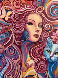 In the world of pink dreams,original oil painting,girl,animal,cats