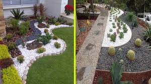 These brick, interconnecting paver stones are unique and ideal for highlighting the simple flowerbed and drawing the eye directly to the flowers and greenery planted inside. Cool White Gravel Decoration Ideas Stone And Rock Garden Decoration Ideas Landscaping With Rocks Gravel Landscaping Stone Landscaping