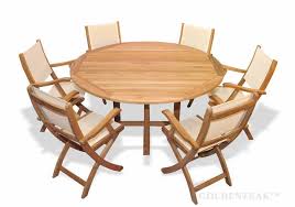 Teak Outdoor Dining Set For 6 Round Teak Table Teak And Sling Folding Chairs