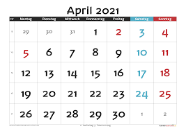 Wir haben auch druckbare kalender für einen monat, zwei monate, drei monate, vier monate, sechs monate und ein jahr. Kalender April 2021 Zum Ausdrucken Mit Ferien Kalender 2021 Zum Ausdrucken