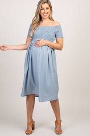 Blue Pinstriped Smocked Off Shoulder Maternity Midi Dress Maternity Midi Dress Cute Maternity Dresses Pink Blush Maternity