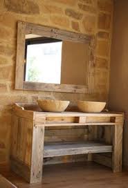 Bathroom Cabinet Made From Recycled Pallet Wood With Washbasins In Imitation Stone And Mirror Handmade Pallet Bathroom Pallet Vanity Pallet Diy