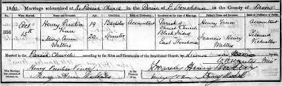 Marriages: Henry Prentice Vince & Mary Ann Walters marriage certificate:  Yelland
