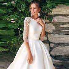 Hochzeitskleid O Ausschnitt 3 4 Armel Perlenstickerei Satin A Linie Brautkleid Mit Faltengurtel Sweep Train Lace Up Hochwertiges Brautkleid Color Customized Us Size 26w Amazon De Bekleidung