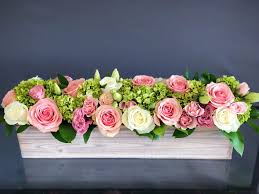Long Wood Box Arrangement For A Table With White And Pink Roses Lisianthuses And H Table Flower Arrangements Flower Arrangements Beautiful Flower Arrangements