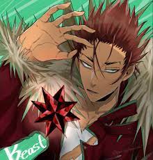 aaron (buddy mission bond), buddy mission bond, 1boy, brown hair, fur trim,  green background, hiyoko mochi, jacket, looking at viewer, red jacket,  scratches, simple background, small stellated dodecahedron, solo, spiked  hair, torn