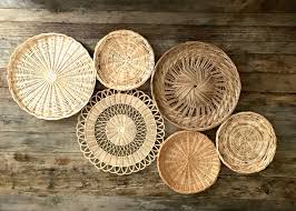 Vintage Set Of 6 Straw Rattan Baskets Wall Baskets Etsy Baskets On Wall Basket Decoration Bohemian Decor