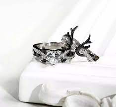 2pc Heart Antler Ring Set Diamond Bridal Ring Sets Antler Ring Wedding Rings