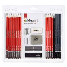 This drawing set contains18 graphite pencils (f,4h,3h,2h,,h,hb,b,2b,3b,4b,5b,6b,,7b,8b,9b,10b,12b,14b), 3 charcoal pencils,4 pastel pencils, 2 graphite pencils(4b,6b), 1 white graphite pencil, 3 blending paper stumps, 1 dual head pencil extender, 1. Drawing Sketching Kingart