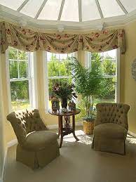 Simple 3 Window Valance Attached Together Like If It Were A Bay Window Bay Window Living Room Window Treatments Living Room Valance Window Treatments