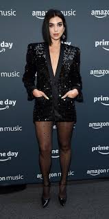 Dua Lipa Stepped Out For Amazon S Prime Day Concert In A Sequin Embellished Saint Laurent Blazer Dress In 2020 Sequin Dress Black Tights Fashion Blazer Dress Outfits