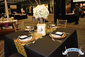 Black And Gold Table Set Up Camelot Party Rentals Photo Galleries Elegant Party Themes Black Wedding Table Setting Gatsby Style Party