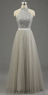 Halter Neck Tulle Prom Dresses Crystals Grey Women Party Dresses Halter Prom Dresses Grey Prom Dress Prom Dresses Long