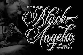 A traditional font with arches and flourishes makes up this unique tattoo saying 'let me be myself'. Black Angela Tattoo Font 354395 Script Font Bundles