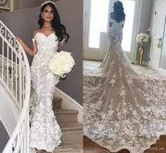 African Mermaid Wedding Dresses Long Train Off The Shoulder 3d Appliqued Bridal Gowns Chapel Train Trumpet Tulle Country Lace Wedding Dress Strapless Mermaid We Strapless Lace Wedding Dress Long Train Wedding