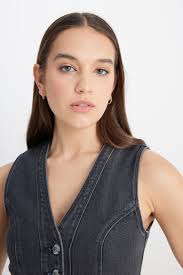 Regular Fit Normal Kesim V Yaka %100 Pamuk Antrasit Jean Kot Yelek  L241740003