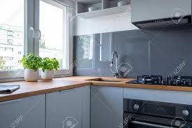 stylish kitchen counter with stove