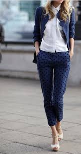 White Navy Dots Classy Work Outfits Work Outfits Women Work Fashion