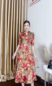 Đầm xòe lụa vân pháp màu đỏ cổ tàu - D286