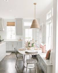 We Re Swooning Over This Romantic Breakfast Nook With Fresh White Decor And Blush Pink Accents Kitchen Corner Bench Seating Home Kitchens Home Decor