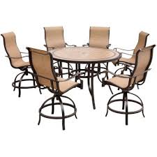 Berlin gardens classic terrace 6 seat homestead dining set. Hanover Monaco 7 Piece Aluminum Outdoor High Dining Set With Round Tile Top Table And Contoured Sling Swivel Chairs Mondn7pcbr The Home Depot