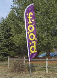 Feather flags for outdoor advertising, get a custom promotional banner flag for your business or event cheap! 14 Feather Flag Ground Spike With Pre Printed Food Message Purple Yellow In 2020 Feather Banners Food Banner Feather Flags