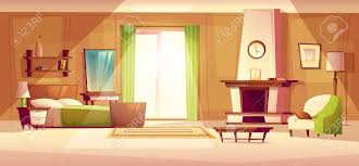 Cartoon living room background images. Vector Cartoon Illustration Of Cozy Modern Bedroom Living Room With Double Bed Fireplace Armchair Bookshelf Dresser Carpet Interior Inside Colorful Background Apartment Concept With Furniture Royalty Free Cliparts Vectors And Stock Illustration