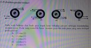 Besar momen gaya (torsi) di deﬁnisikan sebagai hasil kali antara gaya yang bekerja dengan jarak lengan torsi yang saling tegak lurus. 13 Pada Roda Bekerja Dua Buah Gaya Tegak Lurus Terhadap Jari Jari Sehingga Menimbulkan Momen Gaya Brainly Co Id