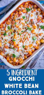 This Gnocchi White Bean And Broccoli Bake Only Has 5 Ingredients It S So Easy To Make And Perf Vegetarian Recipes Dinner Easy Vegetarian Dinner Broccoli Bake