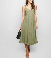 Robe Mi Longue Kaki Effet Lin Boutonnee A L Avant New Look New Look Summer Dresses Khaki Midi Dress Dresses