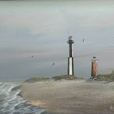 We have a few paintings by local iconic artist, Wayne Fulcher  (1939-2016)...The Cape Henry Lighthouses, nearby seaside respites, sailing  adventures, beaches, and many more! Come visit us