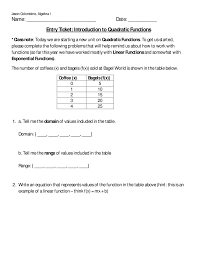 Entry Ticket Intro To Quadratic Functions Quadratic Functions Quadratics Linear Function