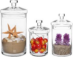Our budget friendly options make life's special moments even more memorable. Amazon Com Mygift Set Of 3 Clear Glass Kitchen Bath Storage Canisters Decorative Centerpiece Apothecary Jars With Lids Home Kitchen