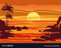 Tropical Beautiful Sunset Landscape Palms Sea Vector Cartoon Style Download A Free Preview Or High Qualit Landscape Illustration Ocean Illustration Sky Art
