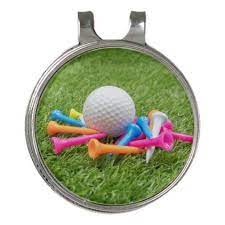 Golf Ball And Colourful Tees Are On Green Grass Golf Hat Clip Zazzle Com Golf Hats Colorful Tee Golf Gifts For Men