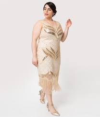 Unique Vintage Plus Size 1920s Cream Gold Sequin Victorine Fringe Co Plus Size Flapper Dress Plus Size Cocktail Dresses Dresses