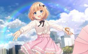 Anime boy with blonde hair. Blonde Hair Blue Eyes Bow Building City Clouds Dress Nagisa3710 Original Rainbow Shirt Short Hair Skirt Umbrella Water Konachan Com Konachan Com Anime Wallpapers