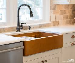 Image result for mid century modern kitchen glass tile backsplash. Legacy Copper Farmhouse Sink Nkba